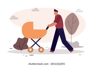 Handsome man walks with baby carriage. Male character with pram . Father walking with infant children. Healthy lifestyle. Concept of outdoor recreation and spending free time. Flat vector illustration