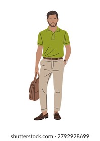 Handsome man walks confidently in summer office attire. Green polo shirt and beige trousers complete his look. He carries a briefcase, wearing smart loafers with a watch