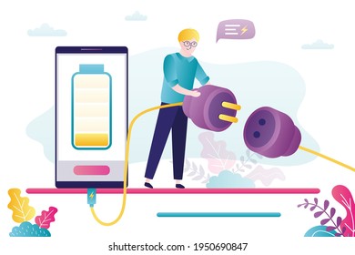 Handsome man wants to charge mobile phone. Discharged battery on smartphone screen. Male character connects plug and socket. Charging lead connected to cell phone. Trendy flat vector illustration