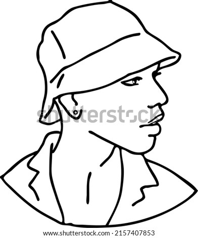 Handsome man wear stylish cap. Friendly face portrait. Street urban fashion for hipster, model, student, young, adult. Hand drawn vector illustration. Simple black line comic cartoon drawing.