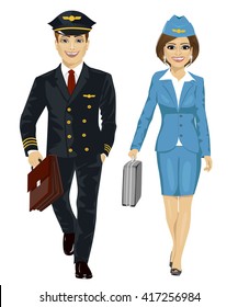 Handsome Man Wearing Airline Pilot Uniform And Air Hostess Walking With Flight Cases