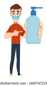 handsome man wearing face mask and showing alcohol gel bottle. covid-19 or coronavirus concept illustration