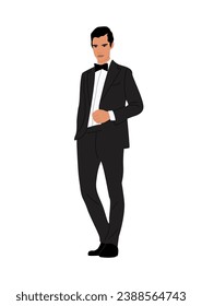 Handsome man wearing tuxedo and bow tie, luxury evening outfit for Christmas, New Year, Wedding event, party. Male cartoon character vector realistic illustration isolated on white background.