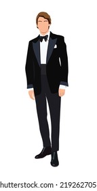 Handsome man wearing tuxedo. Businessman in formal suit or groom. Young man in stylish evening outfit.  Male cartoon character vector flat realistic illustration isolated on white background.