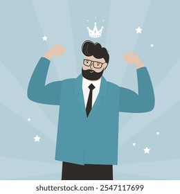 Handsome man wears crown. Metaphor of self love. Successful businessman with confidence, strong guy shows his muscles, high self esteem concept. Male character portrait. flat vector illustration