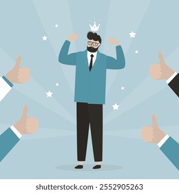 Handsome man wears crown, various hands in approval or like gestures. Metaphor of self love. Successful businessman with confidence, strong guy shows his muscles, high self esteem concept. flat vector