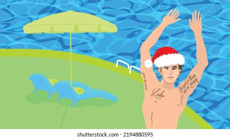 A Handsome man wears a red Xmas hat, holding two summer drinks in a bikini and smiling happily in a swimming pool with two blue chairs and a green umbrella, vector illustration	
