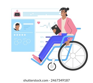A handsome man in a wheelchair against the background of a dashboard with medical indicators. Personal account in the clinic, analysis of information, diagnosis by a doctor or artificial intelligence.