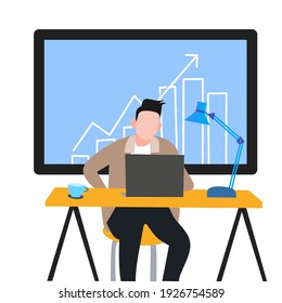 Handsome man is working in front of his laptop. work processes in the background. Vector illustration.