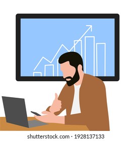 The handsome man is working in front of his laptop and cellphone. work processes in the background. Vector illustration.