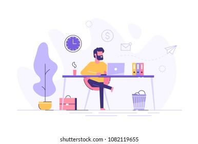 Handsome man is working at his laptop. Modern office interior with work process icons on the background. Vector illustration.