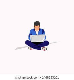 Handsome man is working at his laptop.  Vector illustration.
