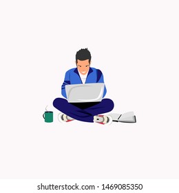 Handsome man is working at his laptop. Vector illustration.