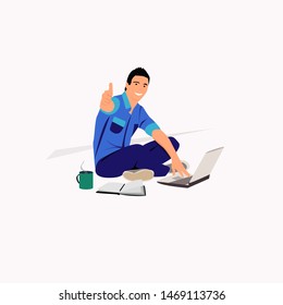 Handsome man is working at his laptop. Vector illustration.
