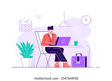 Handsome man is working at his laptop. Modern office interior with work process icons on the background. Vector illustration. Flat style modern design vector illustration for web page, cards, posters