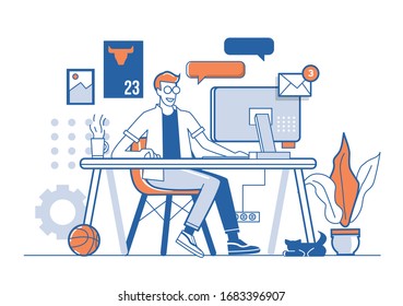 Handsome man is working at his laptop. Modern office interior with work process icons on the background. Vector illustration.