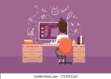 Handsome man is working at his laptop at home, online education or distance work. Modern interior with work process handdrawn icons on the background. Vector flat cartoon illustration.