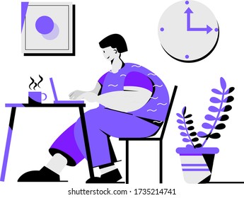 Handsome man is working at his laptop. Modern office interior with work process icons on the background. Vector illustration.Work at home concept design. Freelance man working on laptop