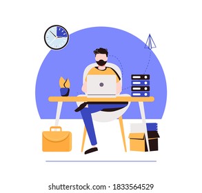 Handsome Man Is Working At His Laptop. Modern Office Interior With Work Process Icons On The Background. Vector Illustration.