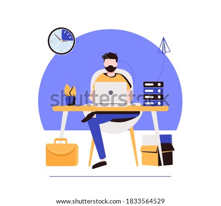 Handsome man is working at his laptop. Modern office interior with work process icons on the background. Vector illustration.