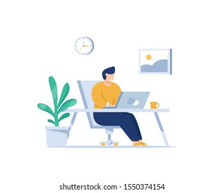 Handsome man is working at his laptop,Modern office interior with work process icons