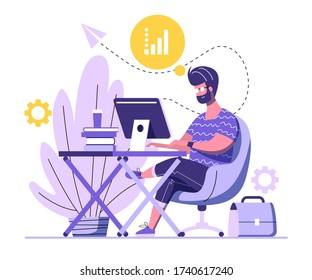 Handsome man is working on computer. A man is sitting on an armchair behind the office Desk with books and a cup of coffee and working at his computer. Working process flat design. Vector Illustration