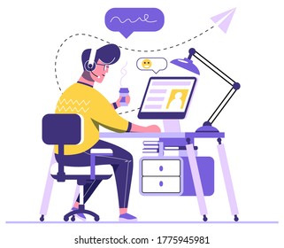 Handsome man is working on computer. A man is sitting on an armchair behind an office Desk with books and a cup of coffee and chatting at his computer. Working process flat design. Vector Illustration