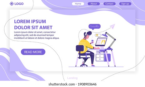 Handsome man is working on computer. Concept for banner, website design or landing web page. A man is sitting and chatting at his computer. Website. Working process flat design. Vector Illustration