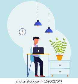 The handsome man is working on his laptop. A modern office interior with lamps, wall clocks and flowers on a small cabinet in the background. Vector illustration.