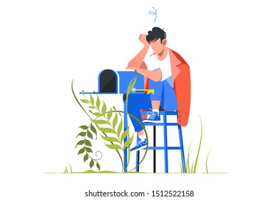 Handsome man worries about lack of mail. Concept isolated sad male character near empty mailbox, classic no mail urban technology. Vector illustration.