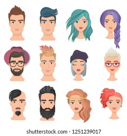 Handsome Man and young beautiful woman portrait avatar face set vector illustration. Trendy paper layered cut art. Origami beauty fashion concept logo.