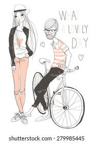 Handsome man with young girl and retro bicycle