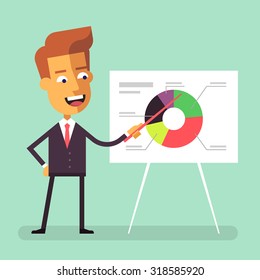 Handsome manager in formal suit gives a presentation and shows a diagram. Cartoon character - cute businessman. Report, training. Stock vector illustration in flat design.