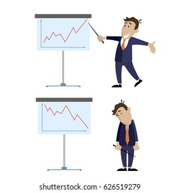 Handsome manager in formal suit is giving a presentation and showing graphs. Cartoon character - cute businessman. Report, training. Stock vector illustration in flat design.