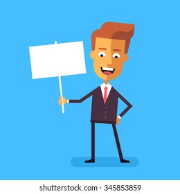 Handsome manager in formal suit holding a poster. Cartoon character - cute businessman. Stock vector illustration in flat design.