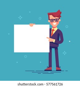 Handsome manager in formal suit holding a blank sheet and pointing by index finger to it. Template for your text. Cartoon character - cute businessman. Stock vector illustration in flat design.