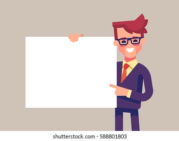 Handsome manager in formal suit holding a blank sheet and pointing by index finger to it. Template for your text. Cartoon character - cute businessman. Stock vector illustration in flat design.