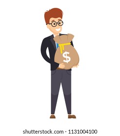 
Handsome manager in suit buttressing sack of money showing profitable employee, employer or boss of a company
