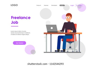 Handsome man-freelancer is working at his laptop at home.Landing page Vector illustration.