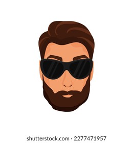 La cara de un hombre guapo con barba en gafas de sol. Ilustración vectorial sobre fondo blanco, estilo de caricatura
