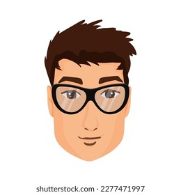 La cara de un hombre guapo en gafas. Ilustración vectorial sobre fondo blanco, estilo de caricatura
