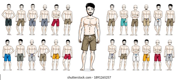 Handsome men in beach shorts standing and posing vector illustrations big set isolated on white, attractive gorgeous males in full length people characters collection slim perfect athletic body.