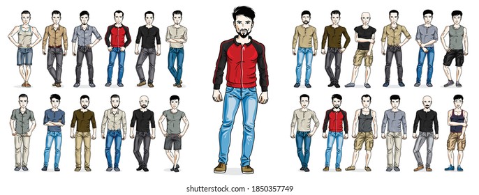 Handsome men in casual wear standing and posing vector illustrations big set isolated on white background, attractive gorgeous males in full body length people characters collection.