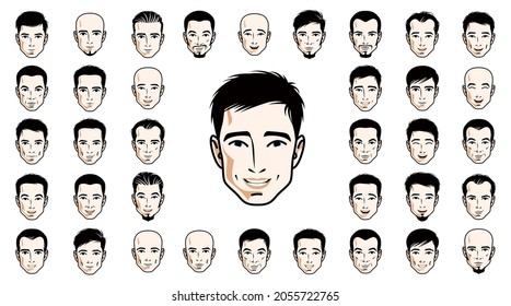 Handsome men faces and hairstyles heads vector illustrations set isolated on white background, guy happy attractive beautiful faces avatars collection with different haircuts.