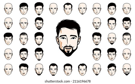 Handsome men faces and hairstyles heads vector illustrations set isolated on white background, guy happy attractive beautiful faces avatars collection with different haircuts.