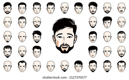 Handsome men faces and hairstyles heads vector illustrations set isolated on white background, guy happy attractive beautiful faces avatars collection with different haircuts.