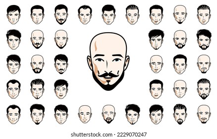 Handsome men faces and hairstyles heads vector illustrations set isolated on white background, guy happy attractive beautiful faces avatars collection with different haircuts.