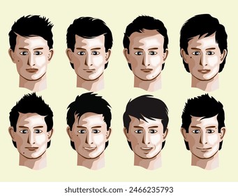 Handsome men faces and hairstyles heads vector illustrations, collection of attractive men's faces with different haircuts.
