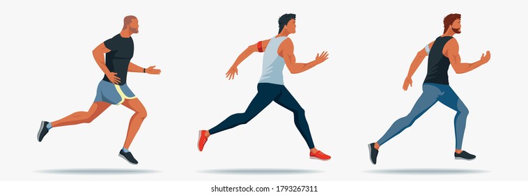 Handsome Men in good physical shape in sportswear with a heart rate monitor. beautiful people Running Vector flat design illustration.