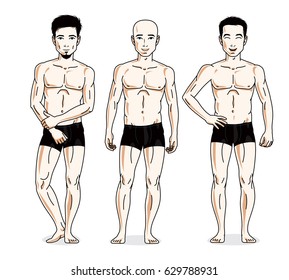 Handsome men group standing in black underwear. Vector characters set.